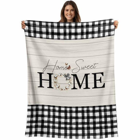Flannel Fleece Throw Blanket Home Black White Gingham Check Lightweight Soft Plush Blankets,Farm Vintage Wood Board Cozy Warm Throw Blanket for Couch Sofa Bed Car Office All Season Use 40x50in