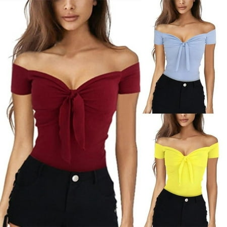 Women Summer Off Shoulder V-neck Bow Top Cotton Casual Stretch Slim Fitted