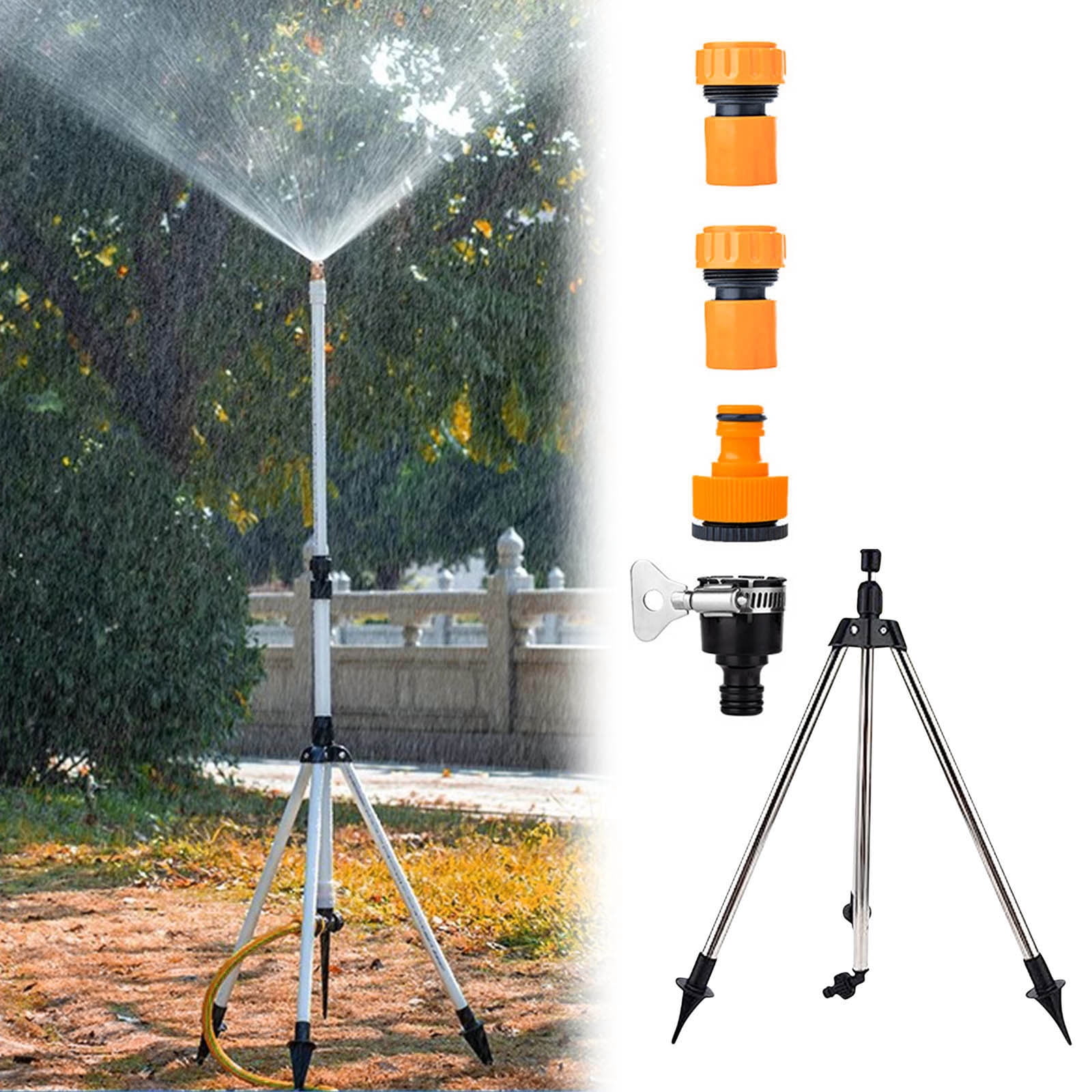 Byujiro Garden Sprinkler Gardening Tool Rotating Adjustable Lawn Sprayer with Quick Connect Adapter Set & Stainless Steel Tripod Stand for Yard, Lawn & Outdoor Irrigation & Watering Use