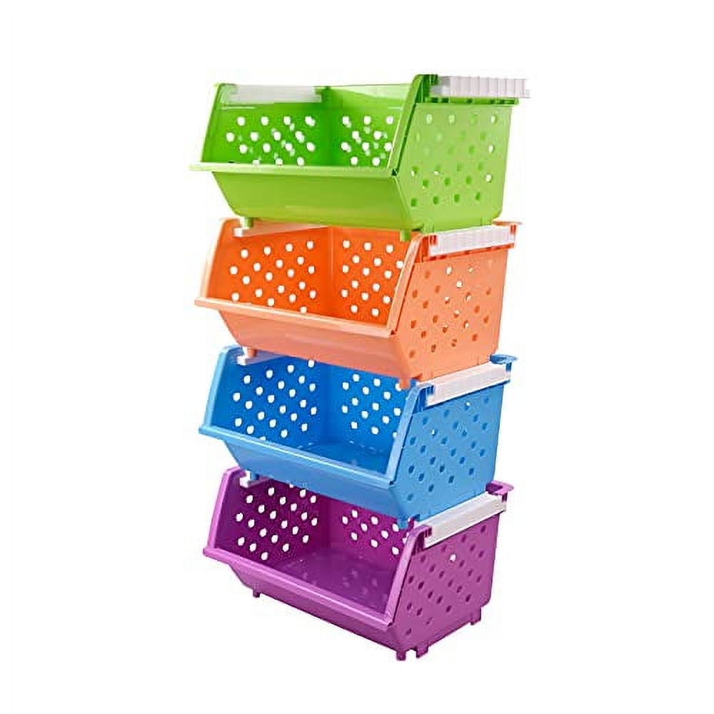 Yuright Open Stacking Plastic Storage Baskets, 4-Pack with Wheels