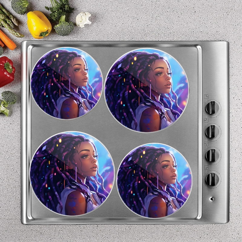 Bahomeck Electric Stove Burner Covers Set Of 4,Beautiful Black Woman With Long Dreadlocks Metal Gas Stove Burner Covers,Protecting Gas Stoves,8 Inch And 10 Inch