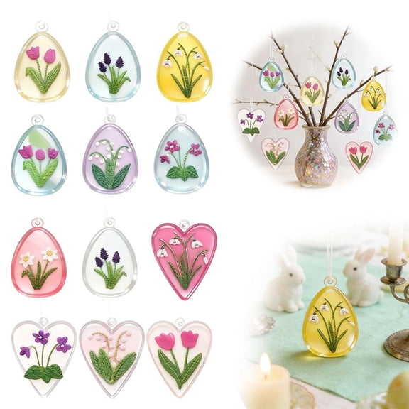 12 Pcs Easter Felt Ornaments for Tree Spring 2D Flower Easter Egg Embroidery Hanging Decorations,3.14 Inch Spring Flower Tulip Heart Felt Baubles for Tree Party Decor