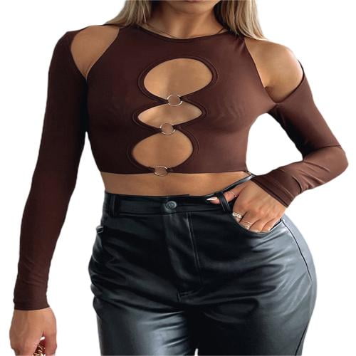 Opperiaya Women Solid Color T-shirt, Adults Sexy Slim-fit Long Sleeve Round  Neck Cutout Crop Tops with Rings for Daily Life S-XL 