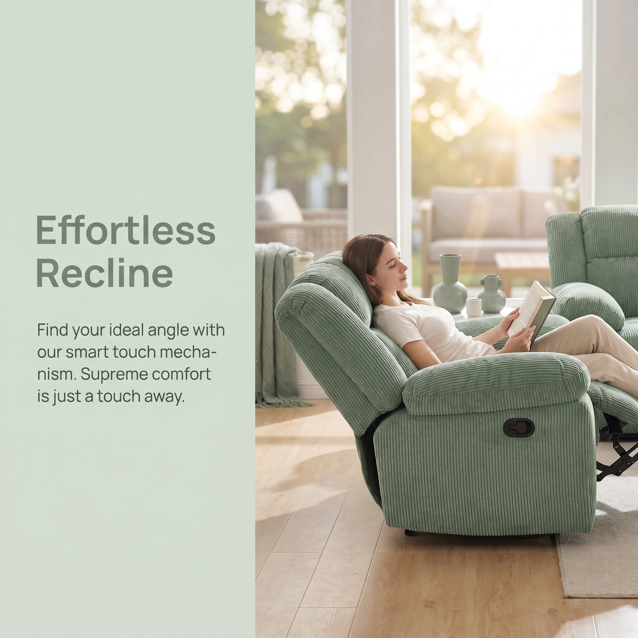 Corduroy Sectional Sofa Set, 3-Piece Soft Green Sofa Manual Recliner Couch with Loveseat & Recliner Chair, Built-in Cup Holders, Storage Console & Fold-Down Table, Plush Couch Set for Living Room