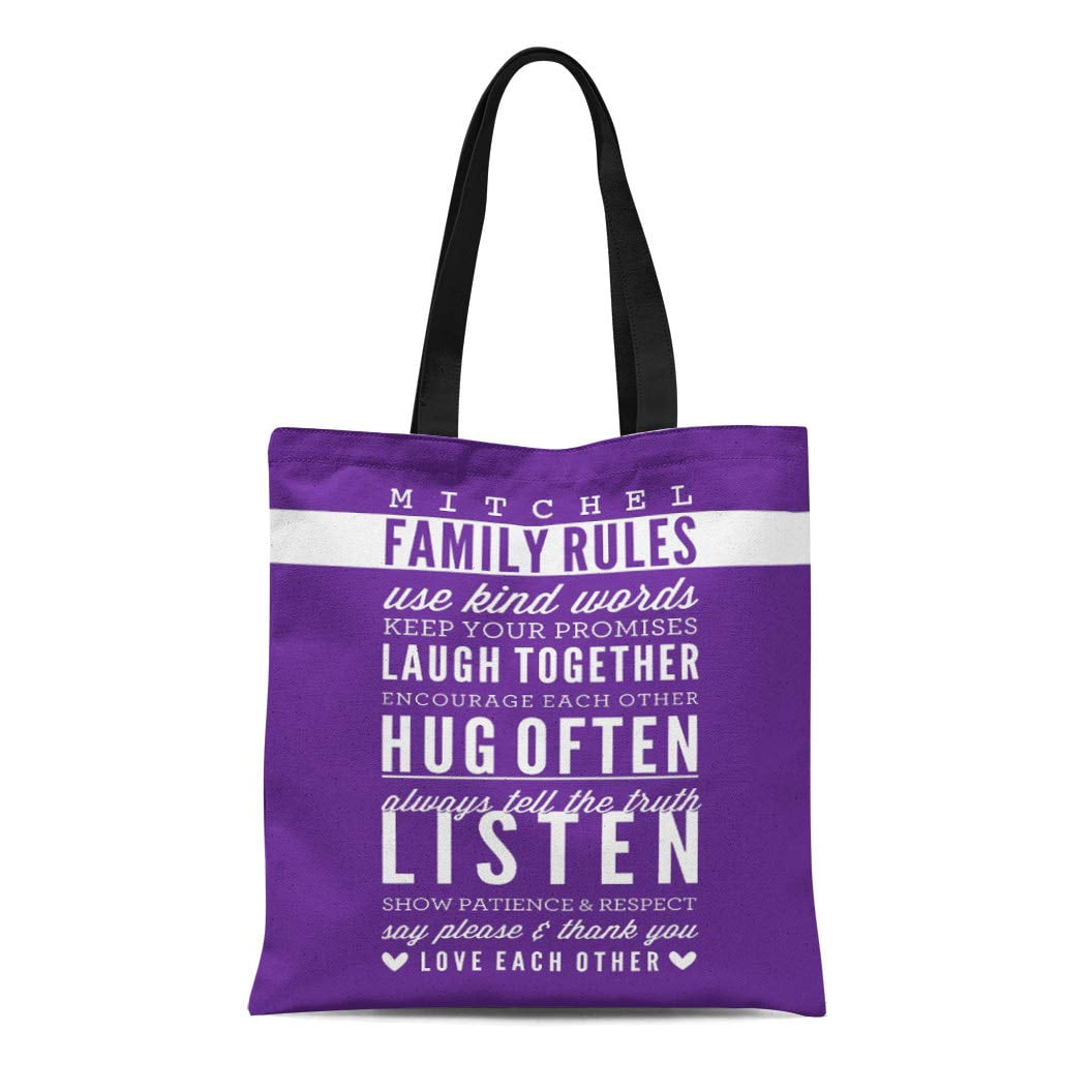 JSDART Canvas Tote Bag Living Custom Name Family Rules Purple Room Wall Designer Reusable Handbag Shoulder Grocery Shopping Bags
