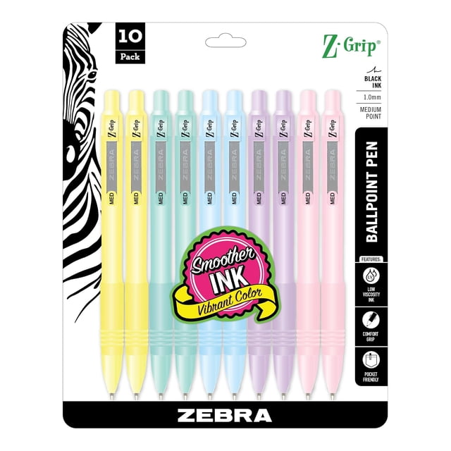 Boligrafo Zebra Pen Z-Grip Pastel Retractil Punta Media 1.0mm Tinta Negra Paquete 10 Unidades