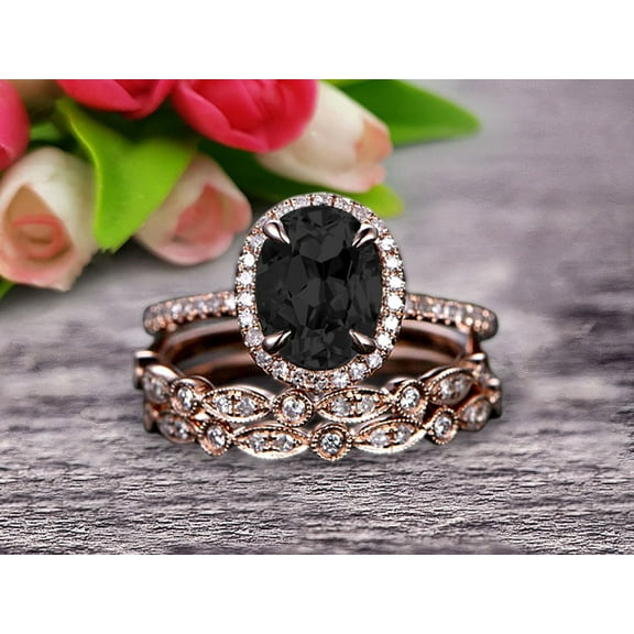 Milgrain Art Deco 3 Carat Black Diamond Moissanite Engagement Ring 10k Rose Gold 8x6mm Oval Cut Gemstone Promise Ring Trio Set Glaring Staggering Ring