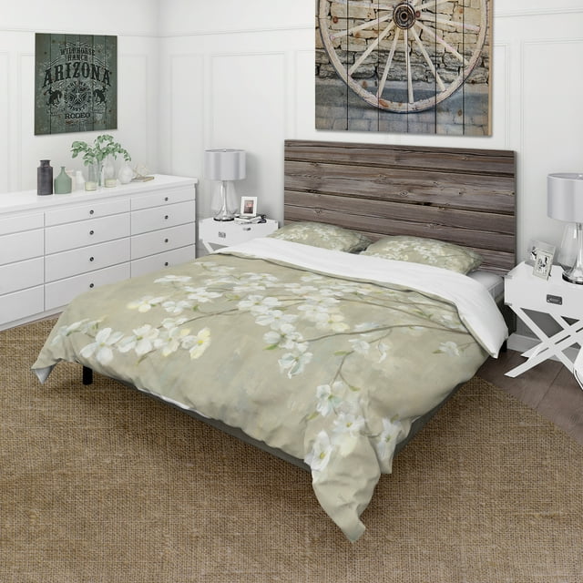 Designart 'Dogwood in Spring Neutral' Cottage Bedding Set - Duvet Cover & Shams