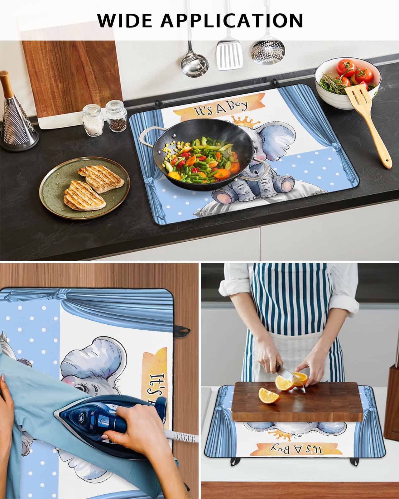 nqOlkjepod Large Induction Cooktop Protector Mat 24"x21", Blue Elephant Stove Top Covers for Electric Stove, Watercolor Cute Cartoon Animals Decorative Stove Burner Cover Mats, Glass Top Stove Cover