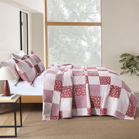 Cotton Bedspread Quilt Bedding Sets Reversible Coverlet Sets Comforters Plaid Floral Red White Patchwork Pattern Bedspread for All Season, King Size