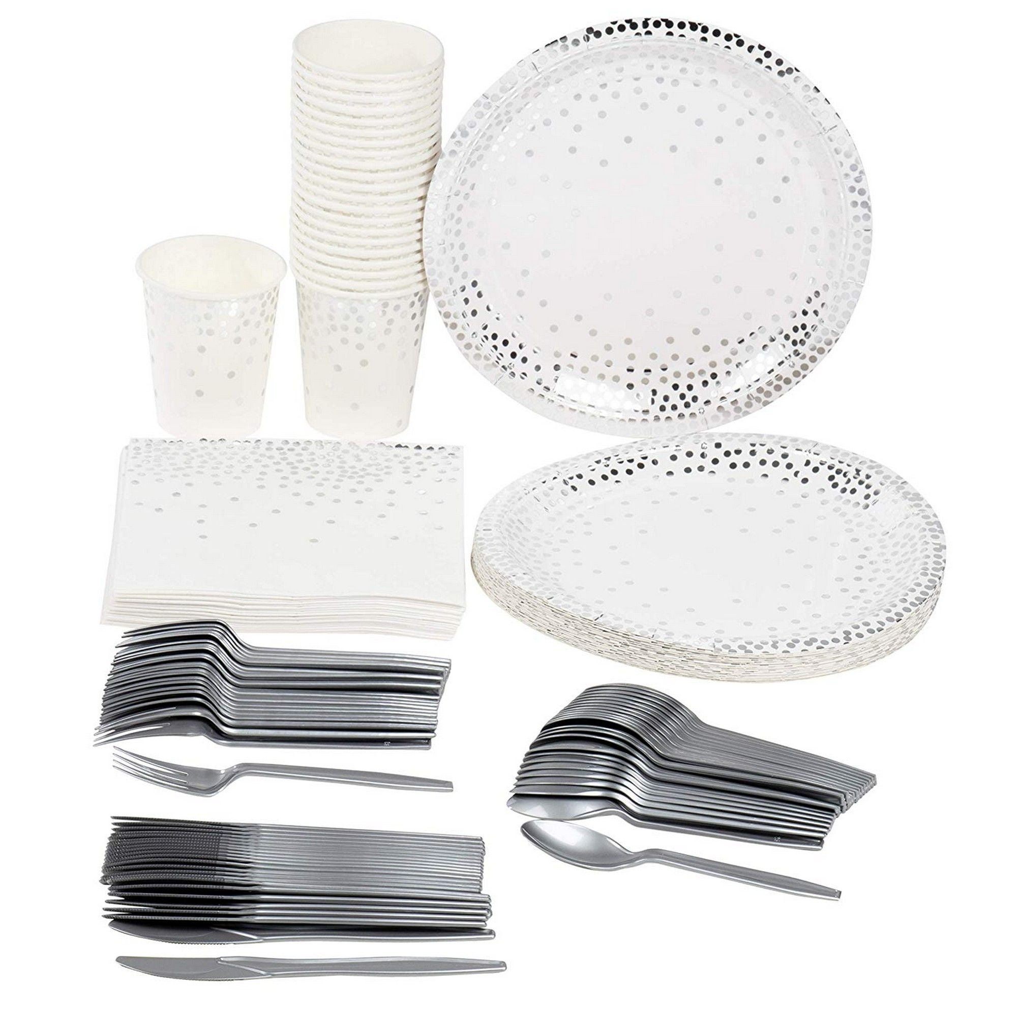 Serves 24 Silver Foil Polka Dot Party Supplies, 144PCS Plates Napkins