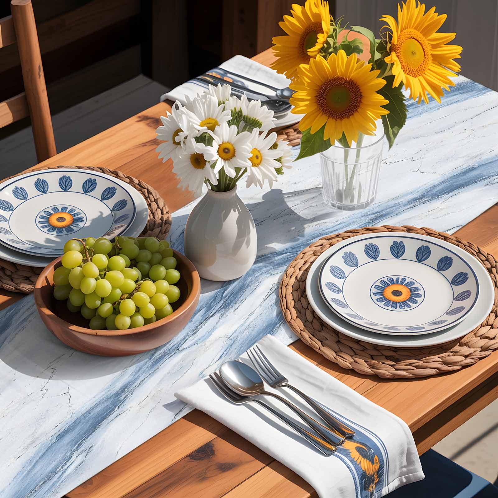 Abstract Marble Texture Table Runner 90 Inches Long, Modern Blue White Stone Art Table Runners Tabletop Scarf Kitchen Dining Tables Decoration for Home Party Indoor Outdoor