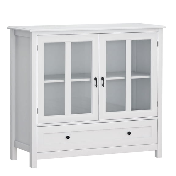 Buffet Storage Cabinet with Double Glass Doors & Unique Bell Handles - Wood Construction, Adjustable Shelves, Dining Room Kitchen Use