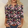thumbnail image 2 of nuevo cuello de botón para mujer estampado de moda mangas 3/4 camiseta con estampado retro top delgado tops casuales negro / m, 2 of 5