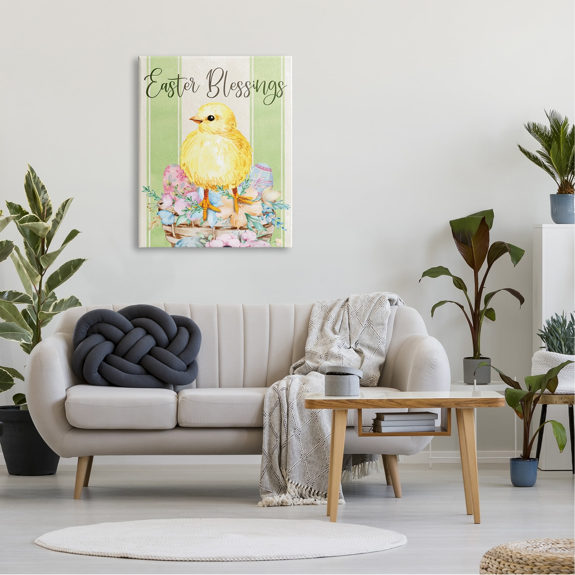 Stupell Industries Easter Blessings Text Striped Yellow Chick Egg Basket Graphic Art Gallery-Wrapped Canvas Print Wall Art, 30x40, by ND Art