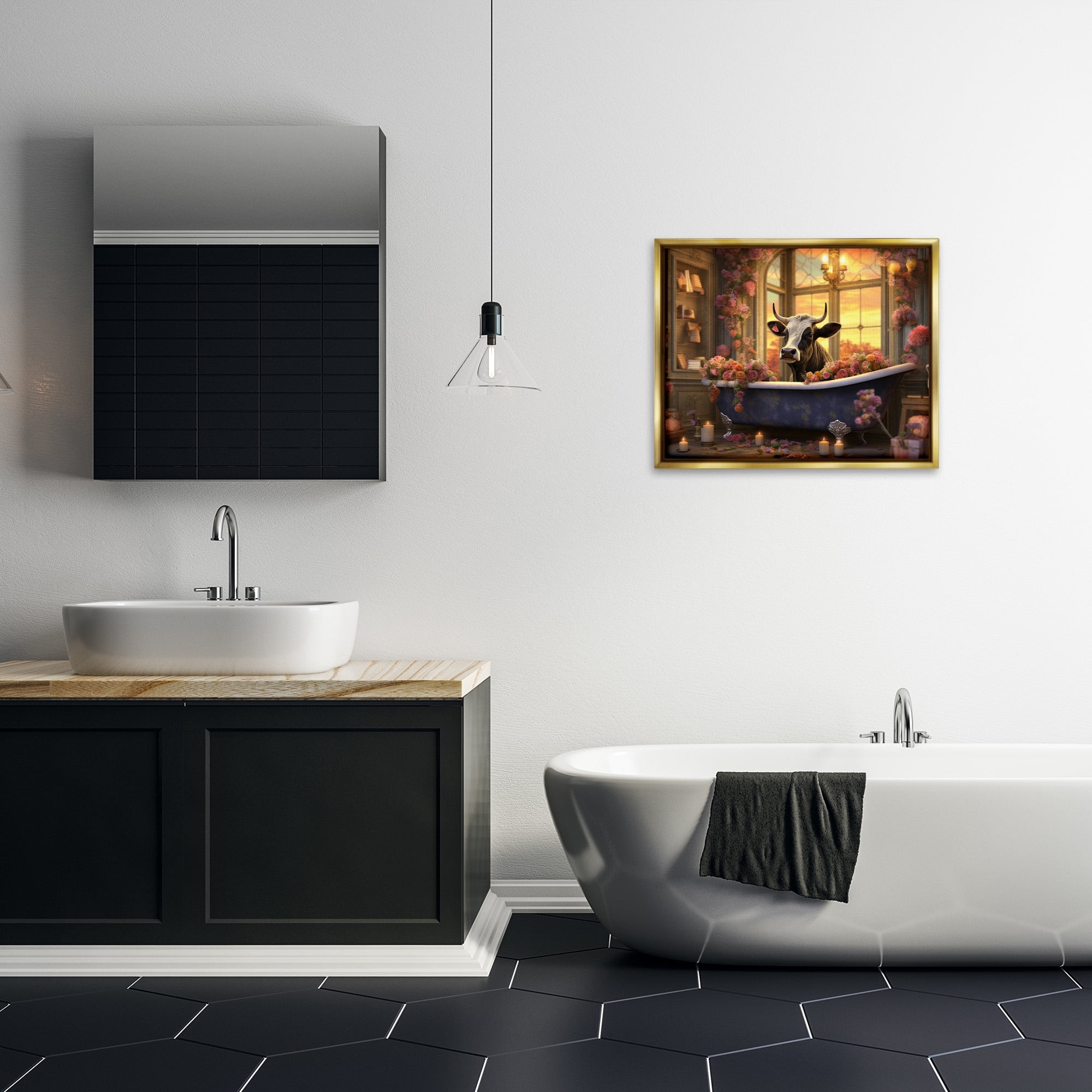 Stupell Industries Bathing Cow at Sunset Animals & Insects Painting Gold Floater Framed Canvas Art Print Wall Art, 31 x 25