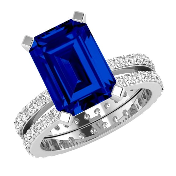 Dazzlingrock Collection 10x7mm Lab-Created Emerald Cut Blue Sapphire & 1.19 Ctw Round White Diamond Eternity Wedding Ring Set for Her in 14K White Gold, Size 5