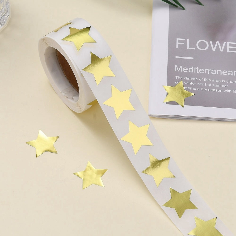 5rolls Metallic Foil Star Shape Paper Sticker Labels Writable Paper Star Shape Seal Labels Teacher Supplies golden 24x23.5mm 500pcs/roll