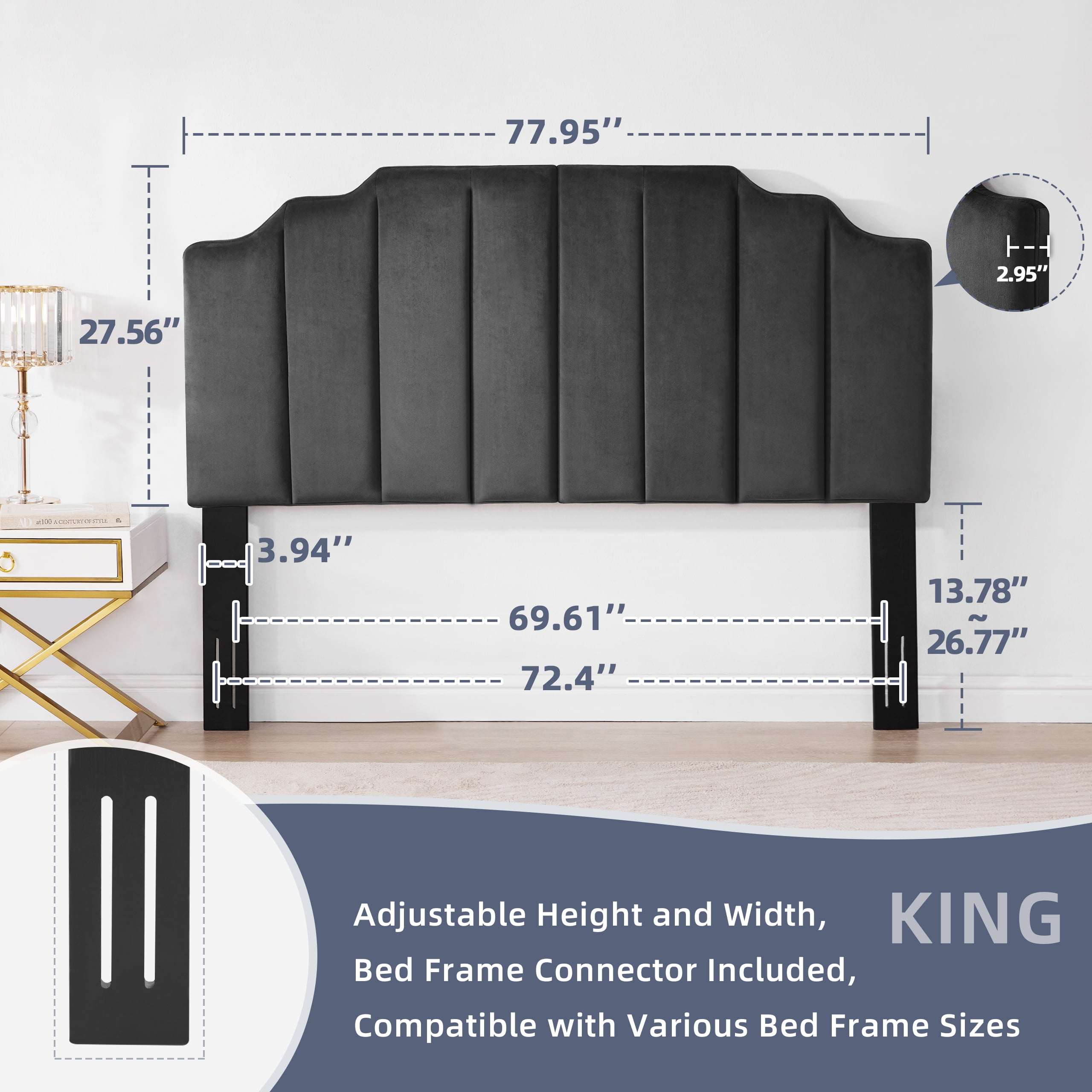 Weture  Velvet Tufted Sleigh Headboard, King Size, DarkGray