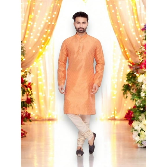 Elegant Men's Peach Silk Kurta with Pant, HT6374– Cultural Wear for Mens