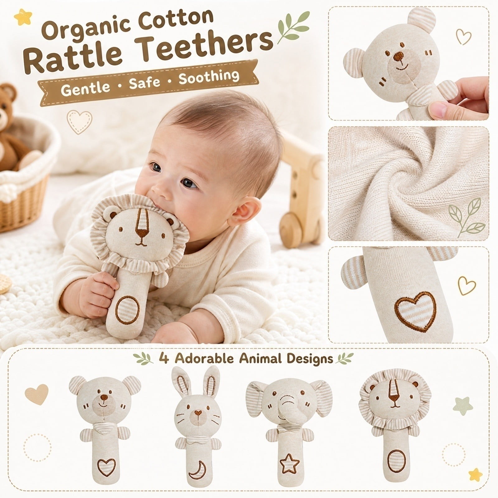 Kiddiway Baby Cotton Hand Rattle Teether Stick - Organic Cotton Baby Toys, Plush Figurine & Cute Plushies, Soothing Teether, Sensory Stimulation, Easy-Hold, Stroller Hanging,a