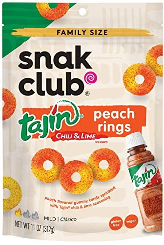 Snak Club Tajin Chili and Lime Seasoned Candy Peach Rings, 11 ounce Family Size bag