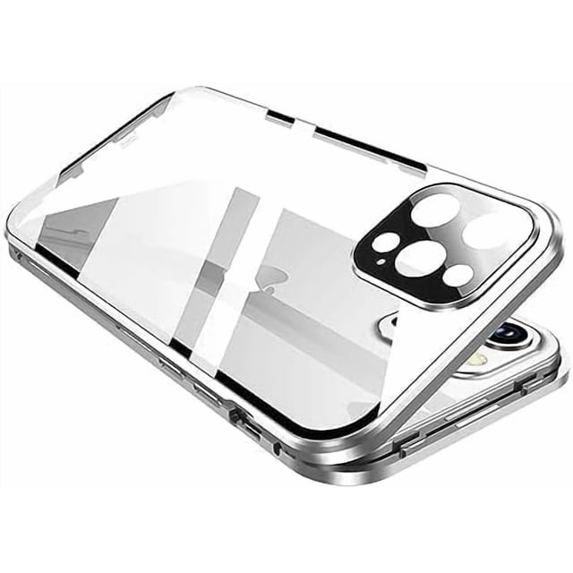KOMI 360° Full Body Case Compatible with iPhone 16 Plus Clear Case with Lock and Screen Protector Camera Protector Clear Double Sided Glass Magnetic Aluminium Alloy Bumper Case, Silver