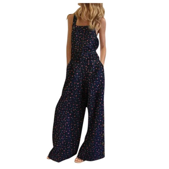 Aoochasliy Clothes Womens Pants Petite Ladies Linen Jumpsuit Casual Suspender Pants Wide Leg Floral Buttons Overalls