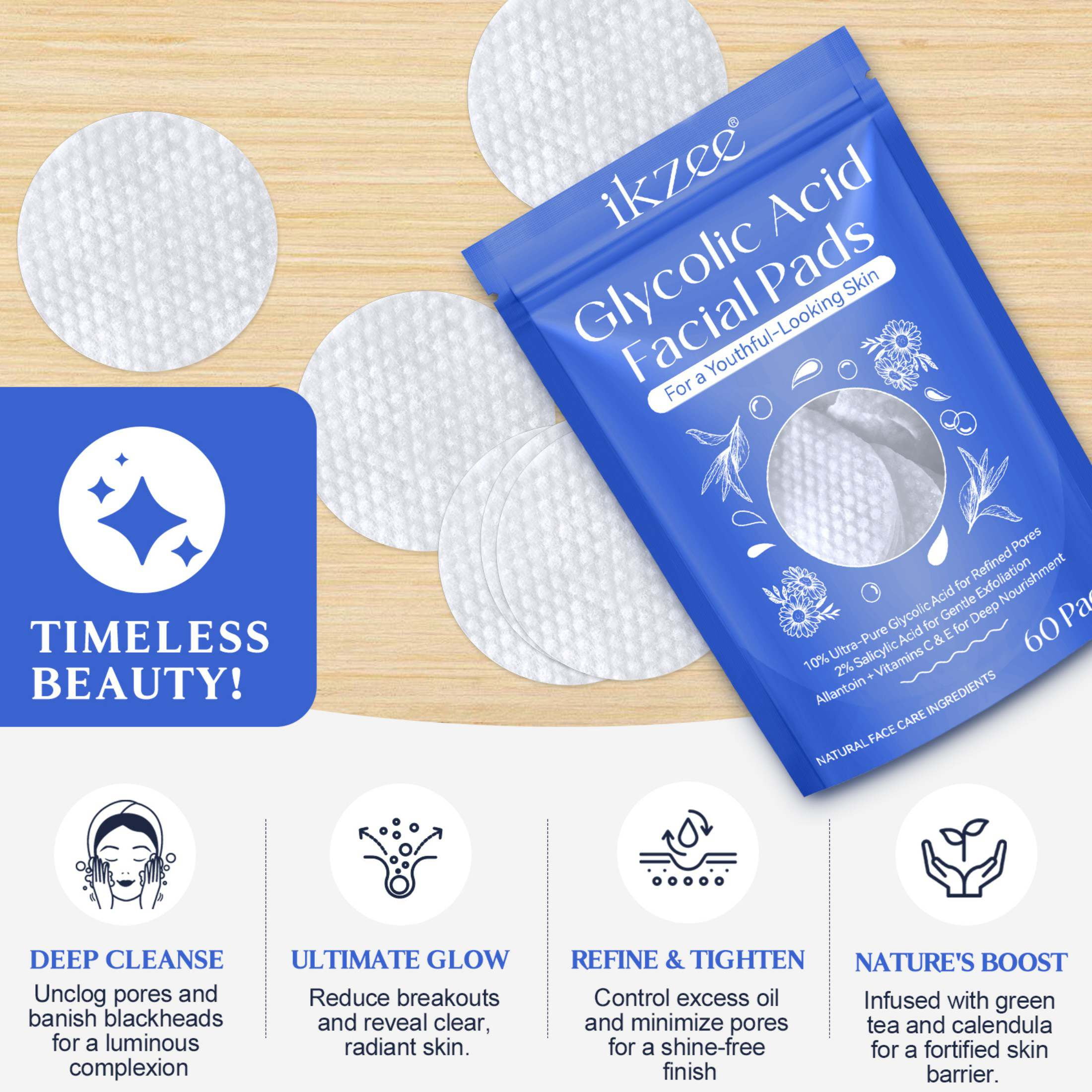 Ikzee 3-Pack Glycolic Acid Pads,Cleansing Pads for Face & Body with Vitamins B3, C & E,Anti-Aging Face Pads