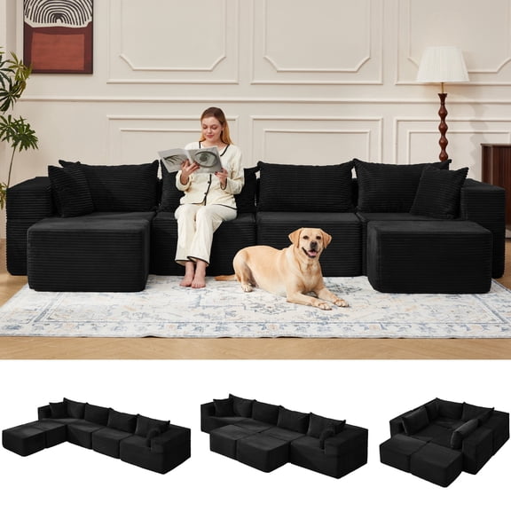 Vicluke 131" Cloud Couch Sectional, U Shaped Modern Sofa with 2 Ottomans, Comfy Corduroy Fabric Modular Sectional Sofa in a Box, Boneless Couches for Living Room, No Assembly Required (Black)
