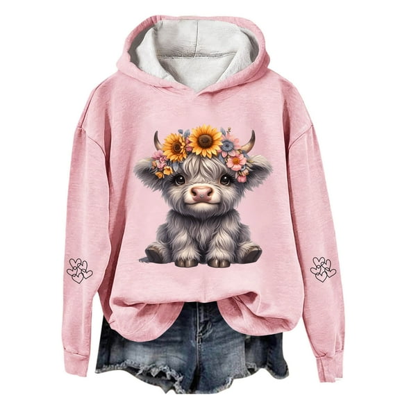 Highland Cow Sweatshirts for Women Cute Loose Hoodies Highland Cow Print Sweatshirt Color: Pink Size: M