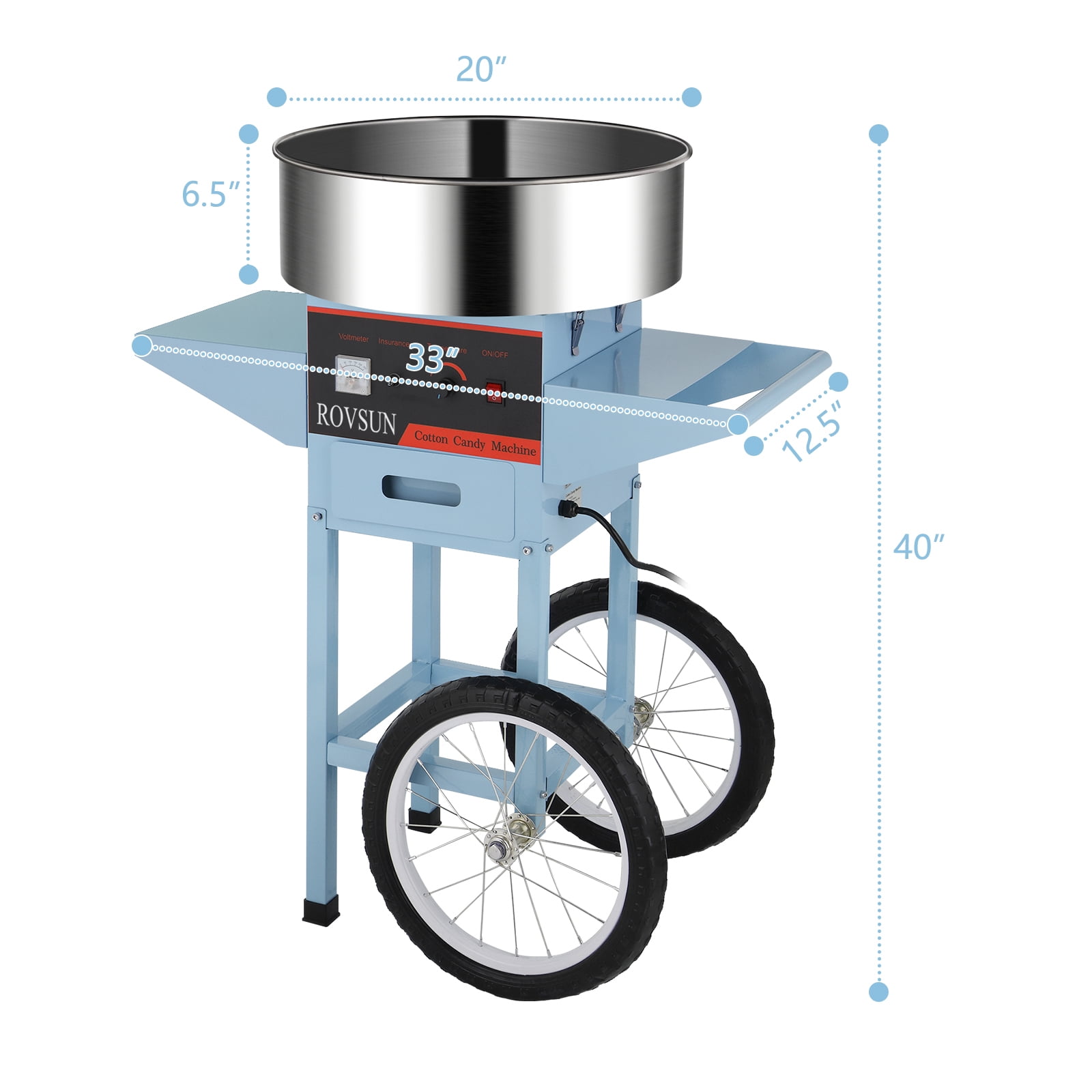 ROVSUN Cotton Candy Machine with Cart Stainless Steel, 21 Inch Electric Cotton Candy Maker Candy Floss Maker w/Sugar Scoop and Large Storage Drawer for Commercial Home Party Carnival, Blue