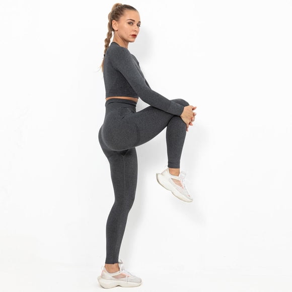 Ropa de Yoga para mujer, conjunto deportivo para gimnasio, ropa de entrenamiento, manga larga, Fitness, Top corto, cinturo , energía, mallas sin c S