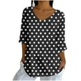 thumbnail image 2 of Dasayo 3/4 Sleeve Tops for Women Trendy Black Loose Fit V-Neck Polka Dot Blouses Womens T Shirts L, 2 of 5