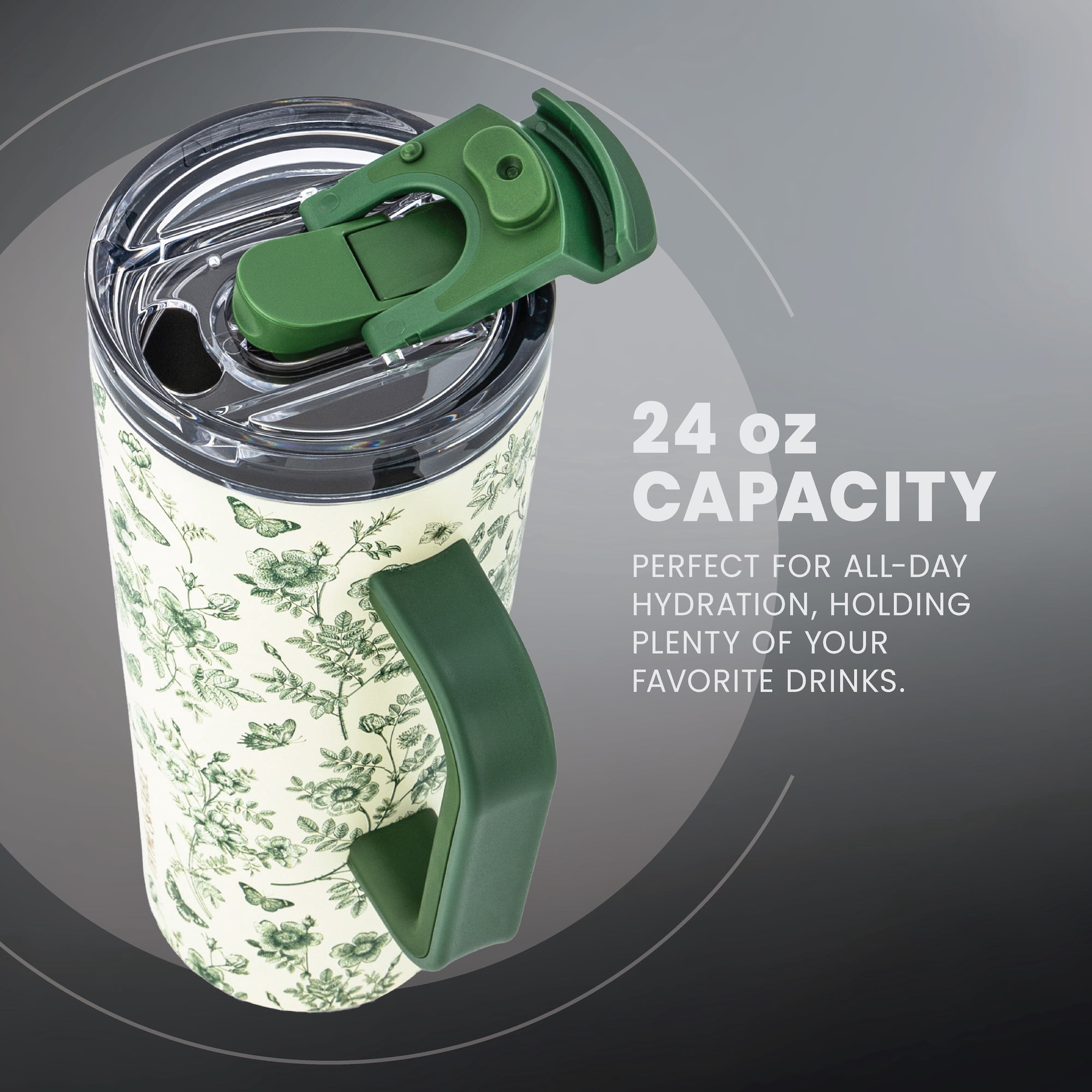 Thyme & Table 24oz Stainless Steel Luna Tumbler with Handle and Dual Straw Lid, Green Floral