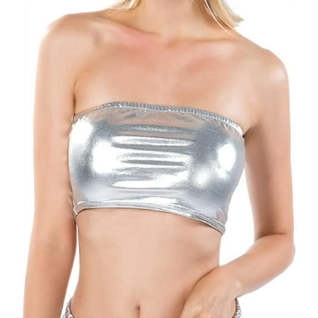 

Women s Shiny Metallic Strapless Crop Tube Top Rave Bandeau Bra