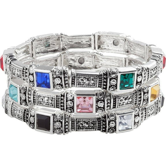 Silvertone 3 Piece Crystal Stretch Bracelet Set