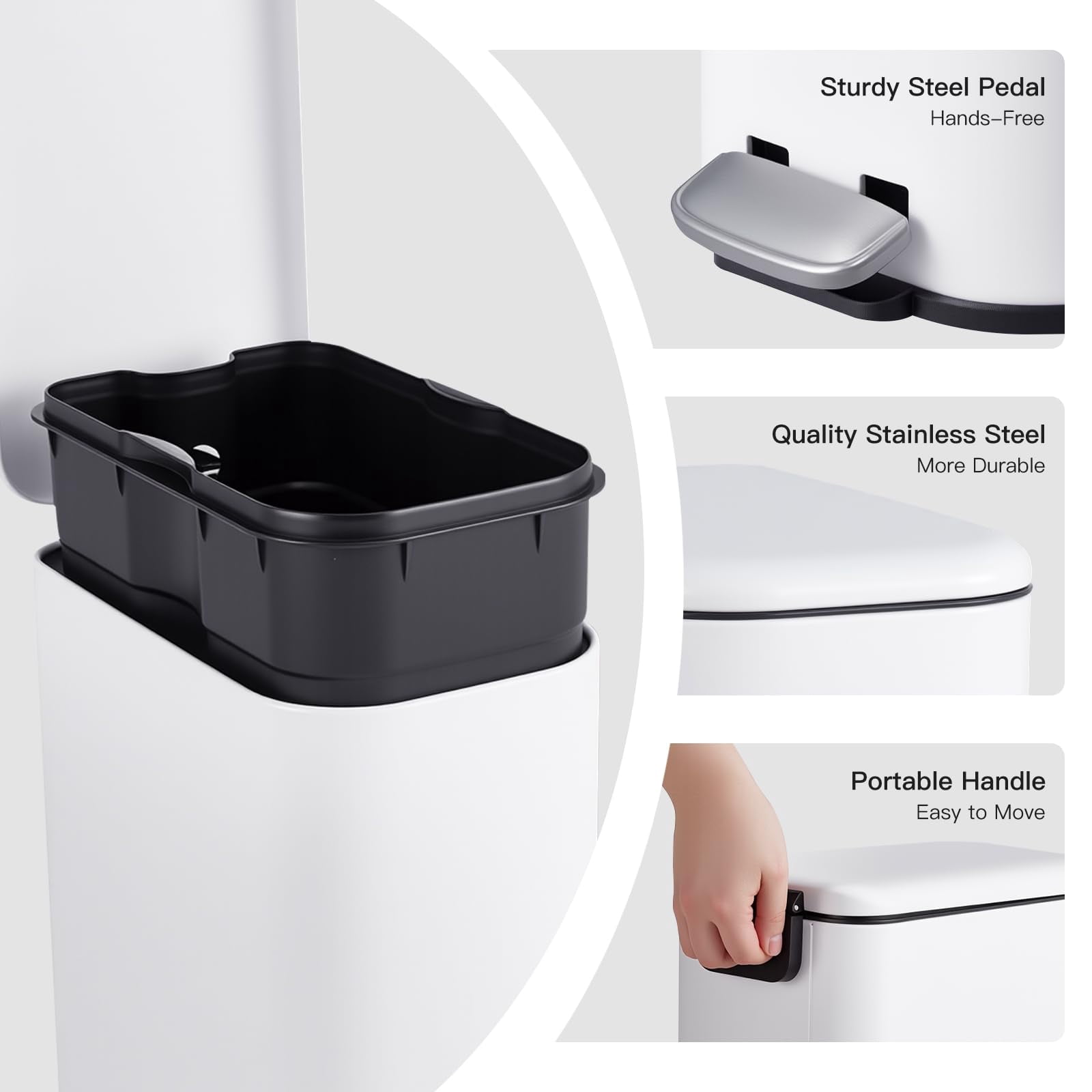 Garvee Small Bathroom Trash Can with Lid Soft Close, 1.3 Gallon, Stainless Steel, White