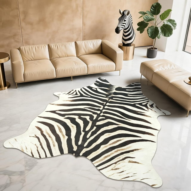 Alfombra BENRON Zebra en blanco y negro para salón y dormitorio, 140 x 160 cm