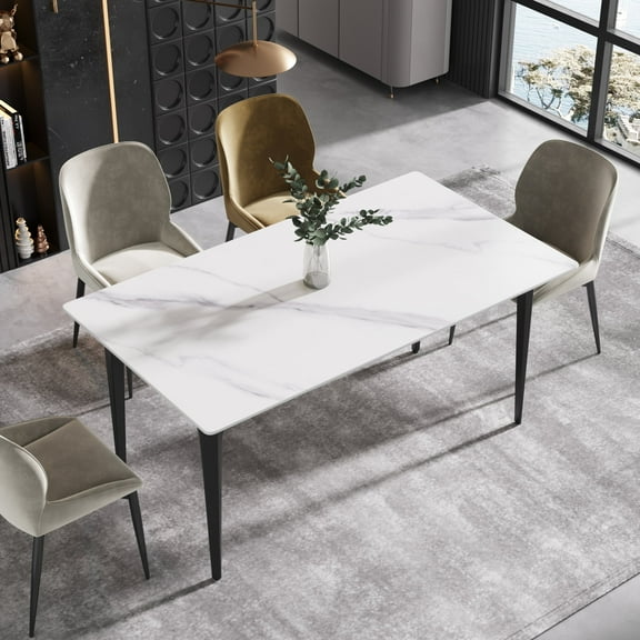 Magic Home 63" Light Luxury Sintered Stone Dining Table with Carbon Steel Legs,Dining Table for 6 Person with Slate Rectangular Tabletop for Dining Room, White Tabletop with Black Legs
