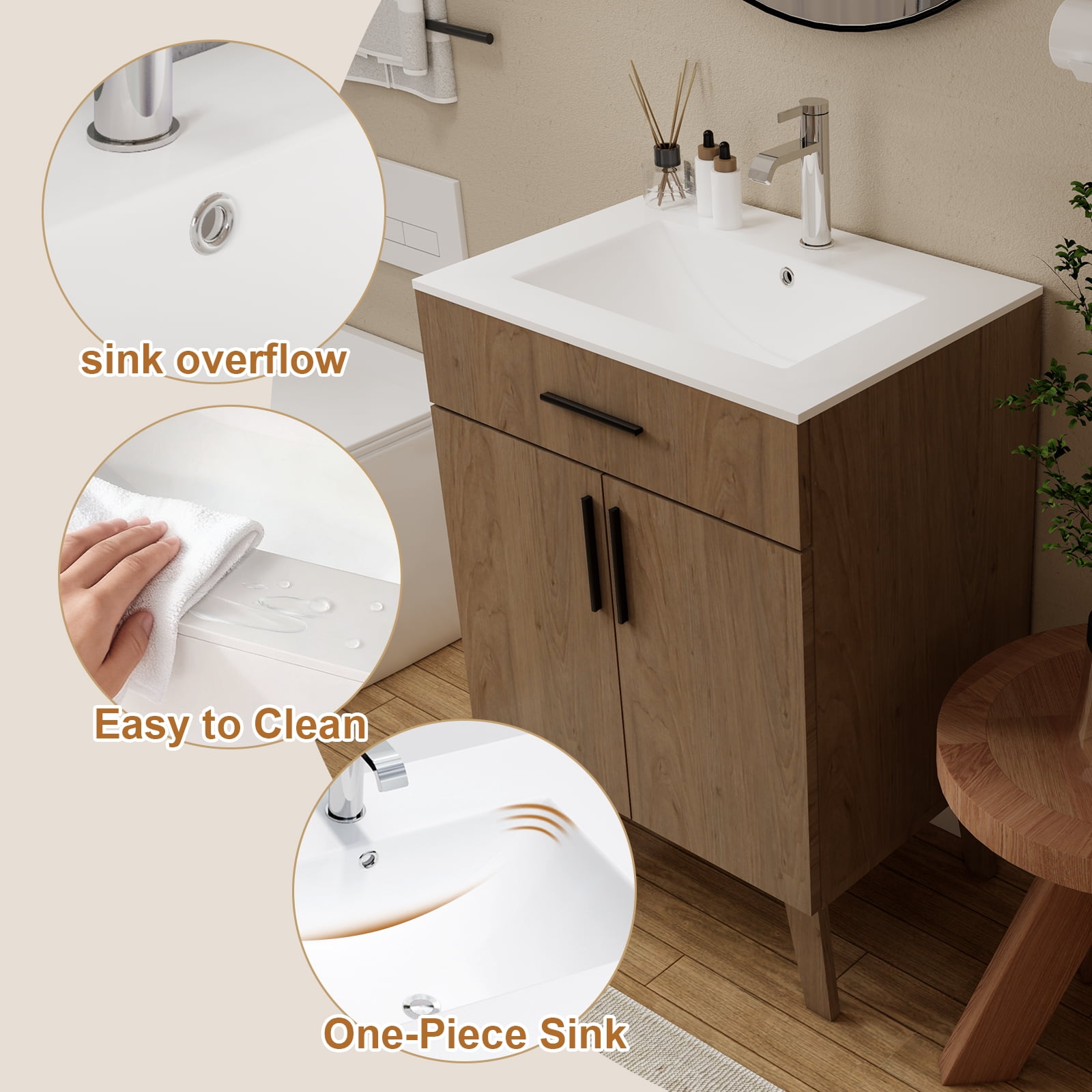24" Bathroom Vanity with Sink, Vanity Combo with Two Soft Close Cabinet Doors, Modern Single Bathroom Cabinet Set with Metal Handles (Brown with Sink, 24)