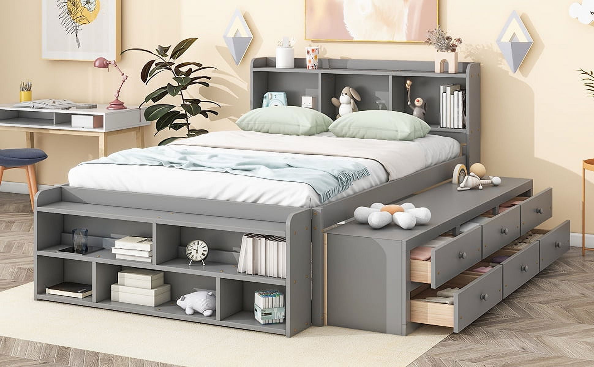 【状態良好】A BOOK OF BEDS Pouseayar Full Bed with Bookcase Headboard with 6 Under bed