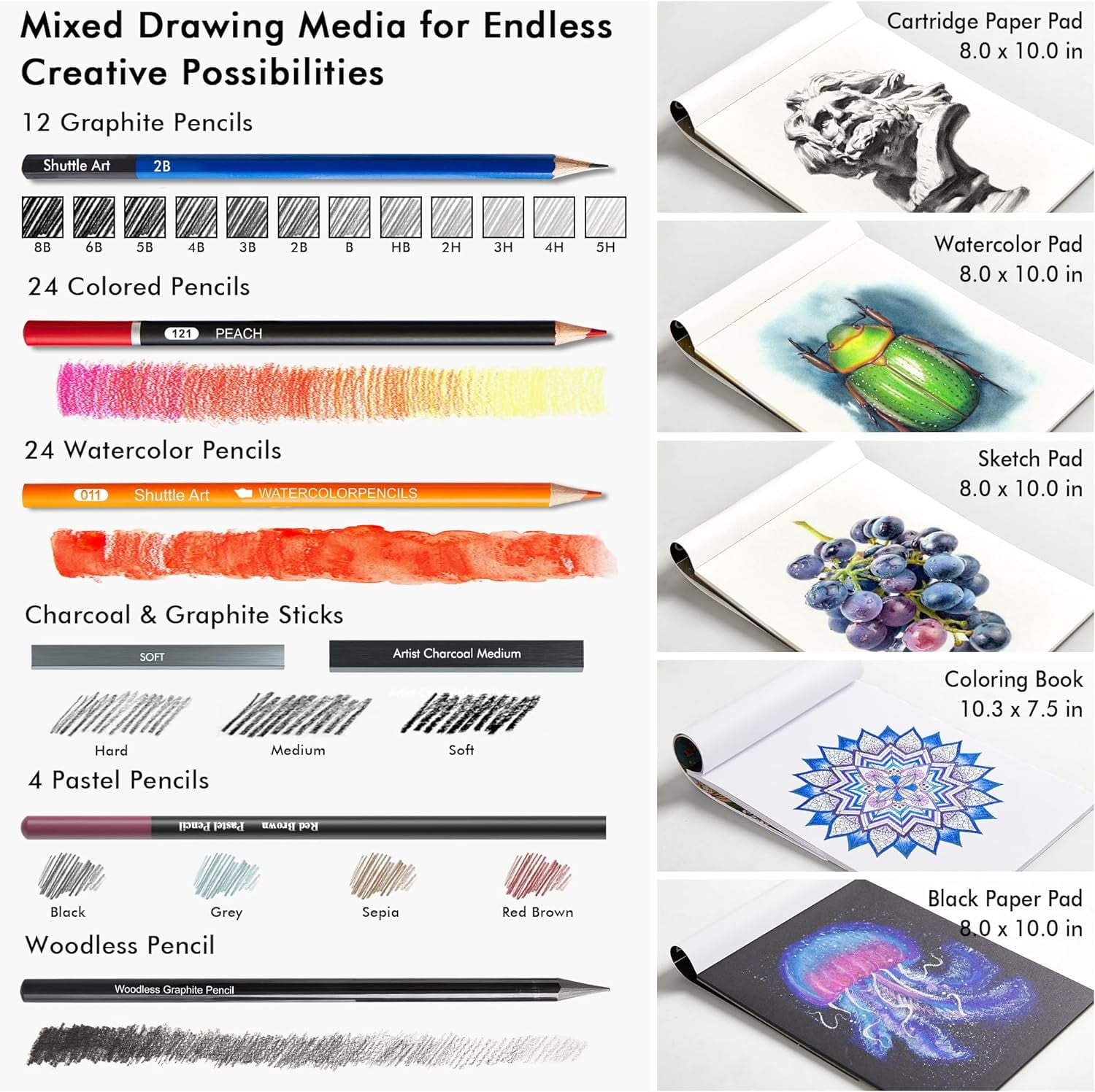 Shuttle Art 124 PCS Drawing Kit, Professional Drawing Supplies with Sketch, Charcoal, Colored, Graphite, Pastel Pencils & Sticks, Complete Drawing Tools and Paper Pads in Zipper Case
