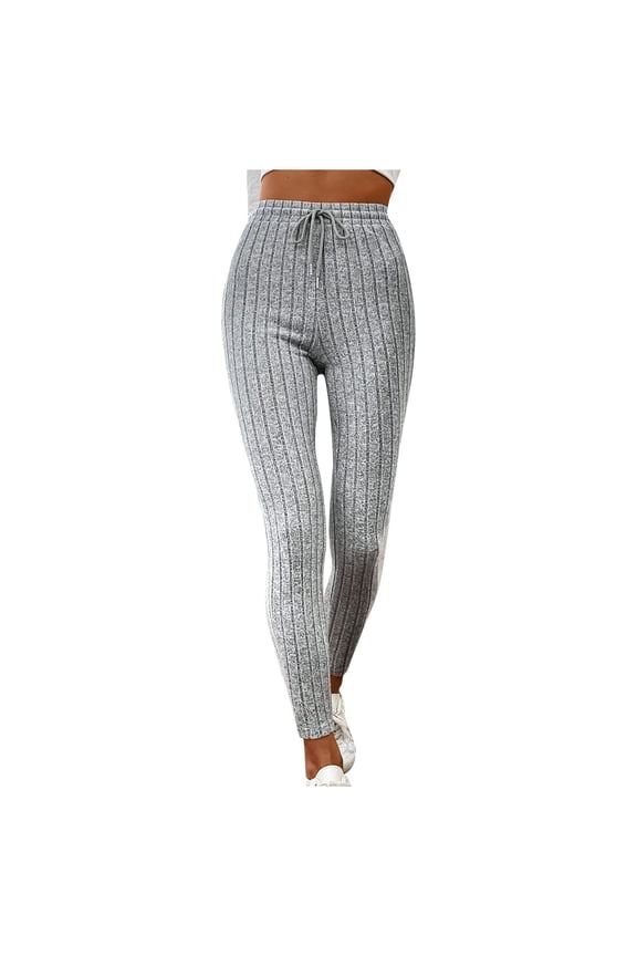 Womens Pants Drawstring Elastic Waist Solid Color High Waisted Leggings Soft Breathable Stretchy Yoga Tights Trousers Gray Size M