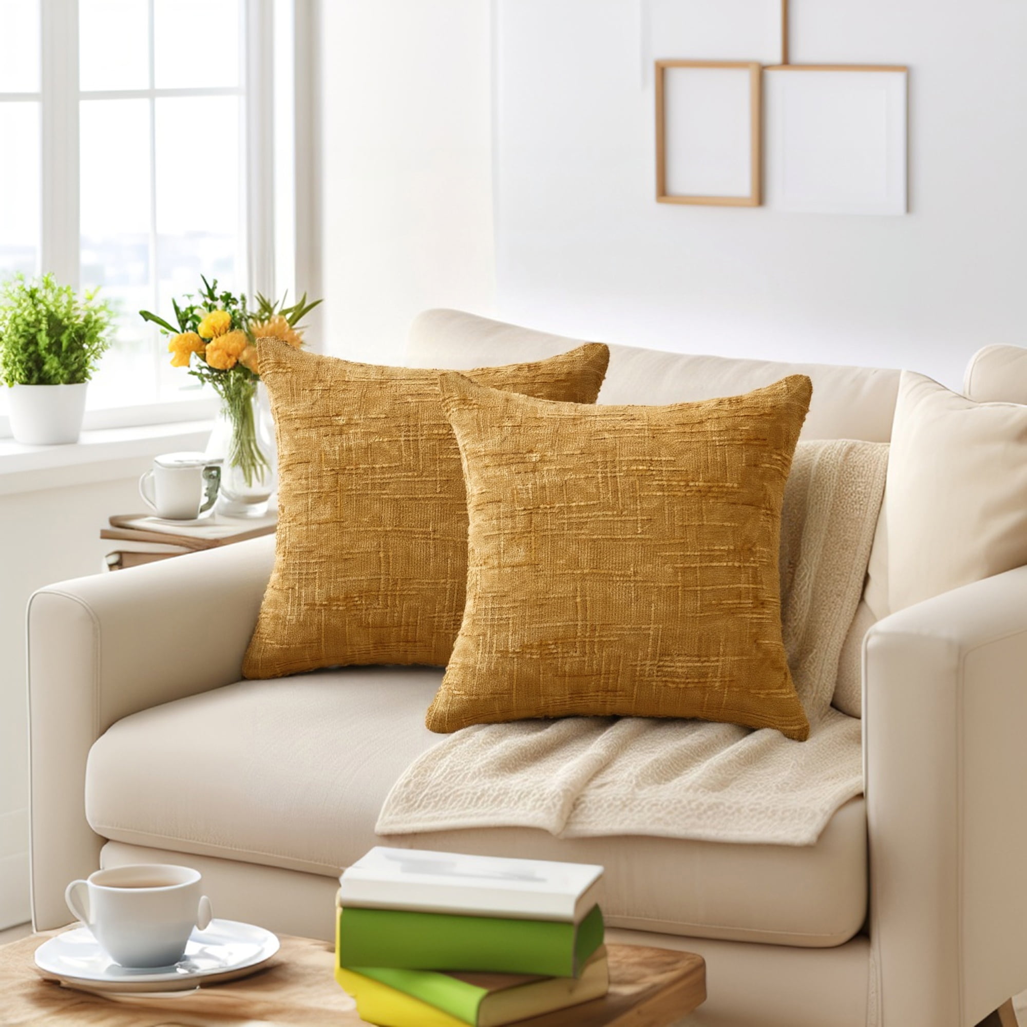 Unique Bargains Decorative Chenille Throw Pillow Covers Pack of 2 Yellow 18" x 18"
