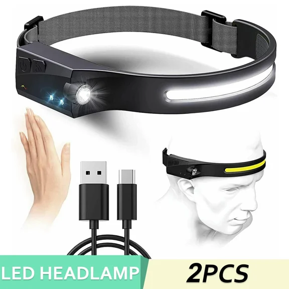 2 Pack Cob Led Headlamp Headlight Torch Flashlight Work Light Bar Head Band Lamp