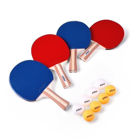 Prince Ping Pong 4 Player Set, Table Tennis Paddle & Ball Kit with 4 Paddles, 8 Balls, Wooden Handles, Rubber Paddle Surface & Portable Zipper Case for Family Games, Practice & Recreational Play