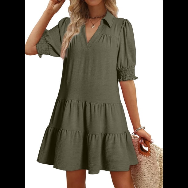 Vestido Plisado de Corta para Mujer, Verde , Talla L