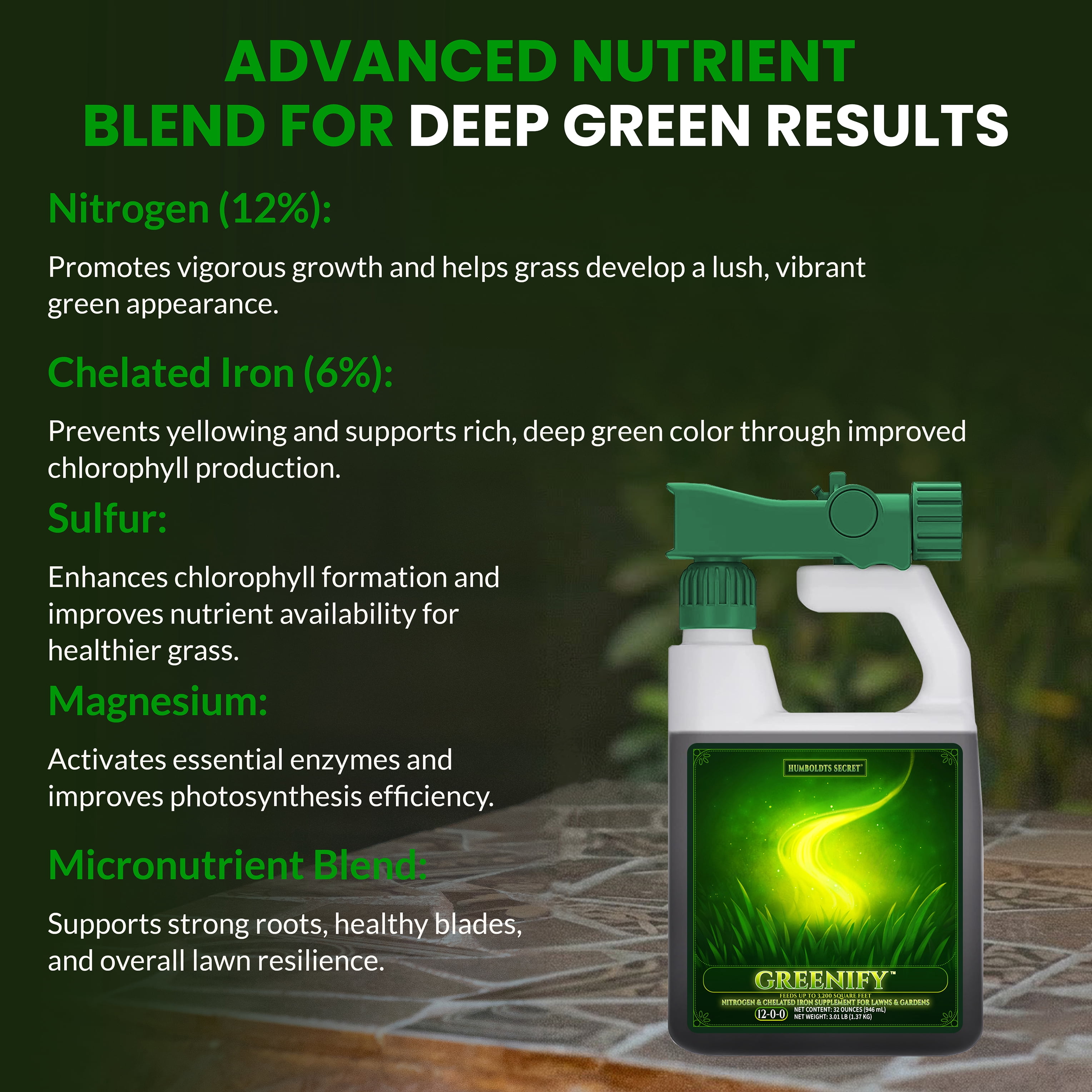 Humboldts Secret Greenify | 12-0-0 Nitrogen & 6% Iron Liquid Lawn Fertilizer Concentrate | Chelated Iron Supplement for Healthy Grass, Turf, and Garden Growth | 32 Ounce Refill for Healthy Growth