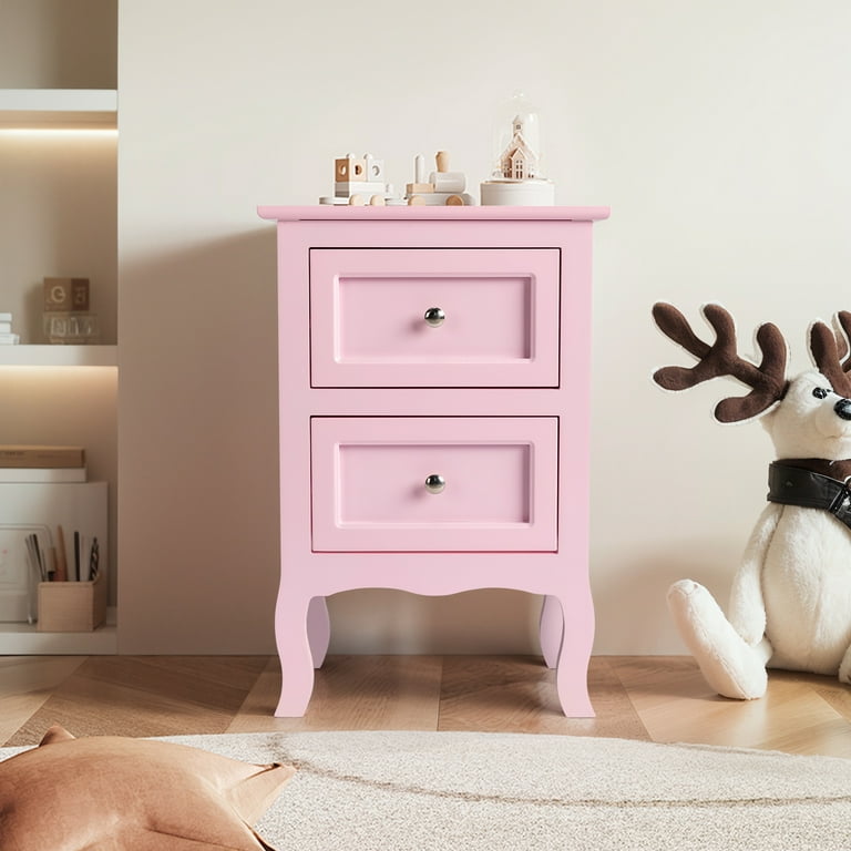 FCH Pair of Nightstands, Pink Wooden Side Tables with 2